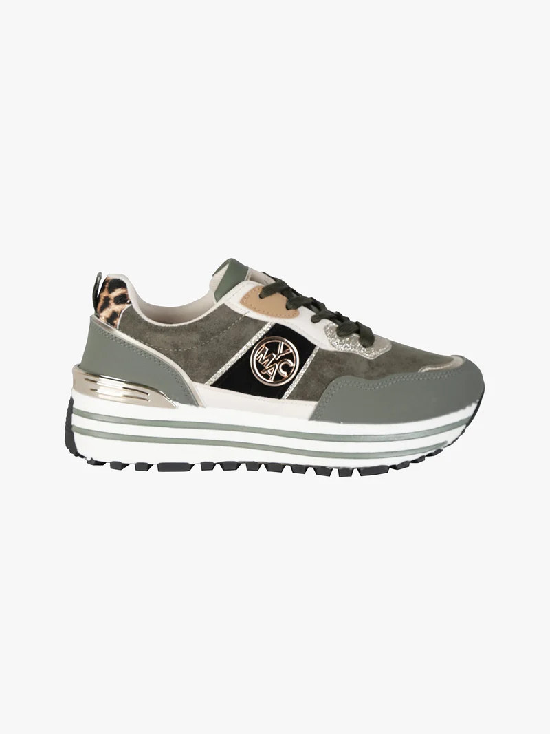 Sneakers donna stringate in tessuto scamosciato con platform - oliva