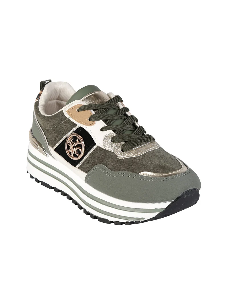 Sneakers donna stringate in tessuto scamosciato con platform - oliva