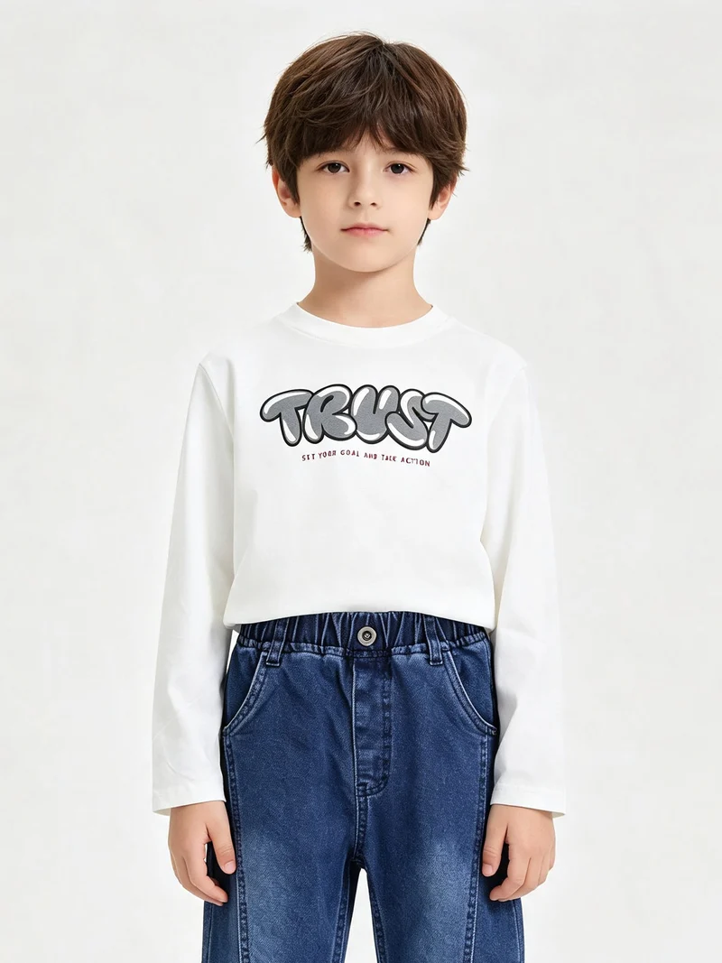 T-shirt girocollo da bambino a maniche lunghe con stampa disegno - nero