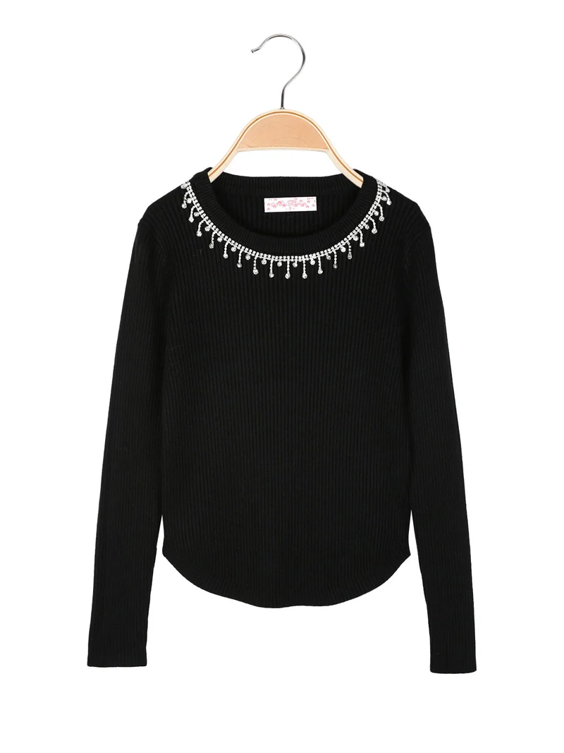 Pullover da bambina in maglia con girocollo di strass - nero
