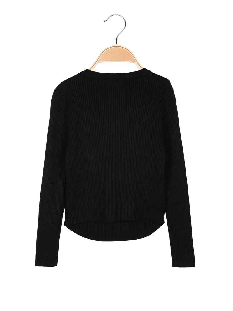 Pullover da bambina in maglia con girocollo di strass - nero