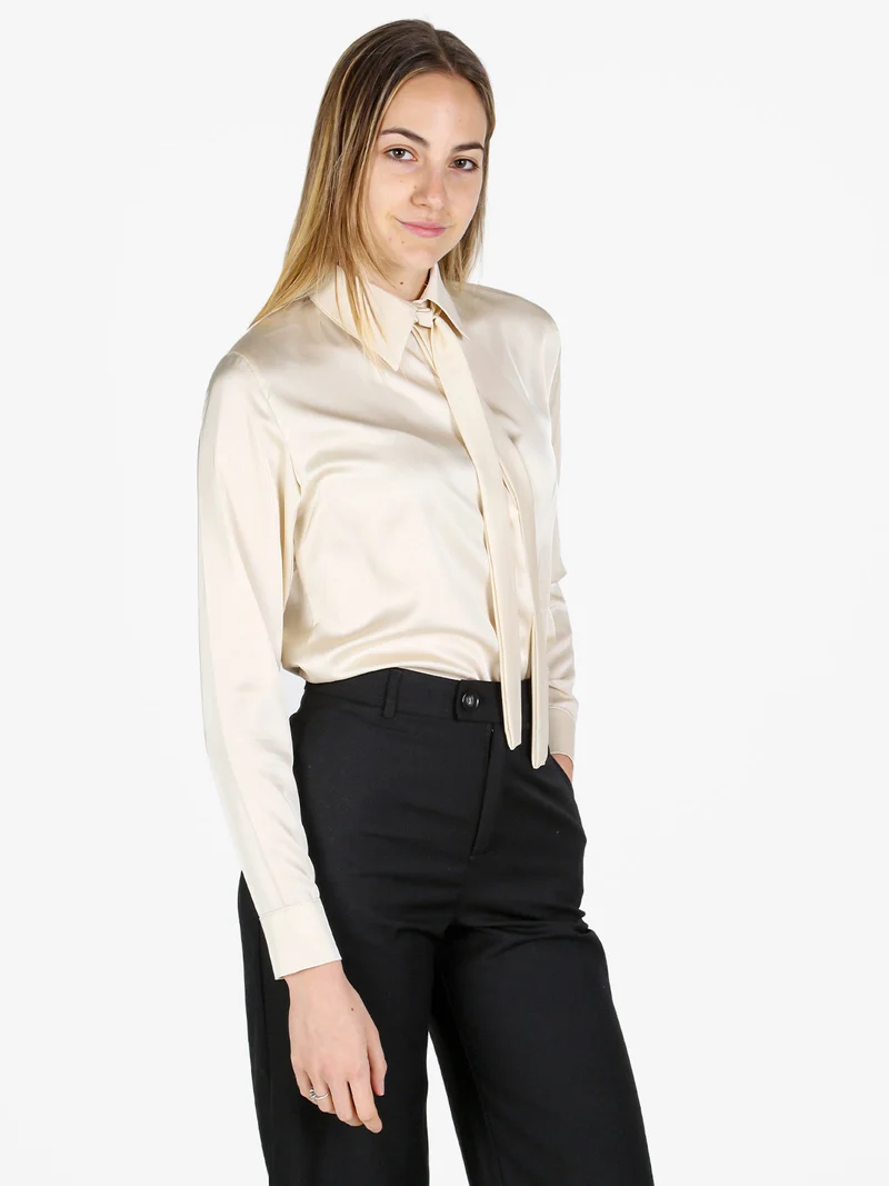 Camicia donna effetto raso con cravattino - beige