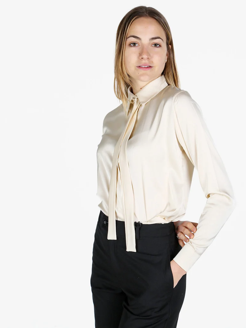 Camicia donna effetto raso con cravattino - beige