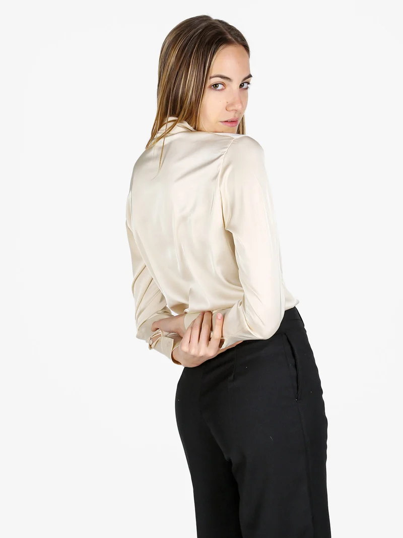 Camicia donna effetto raso con cravattino - beige