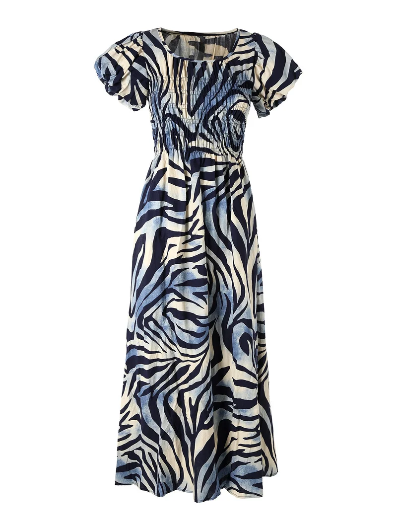 Abito lungo da donna con maniche corte a palloncino - blu