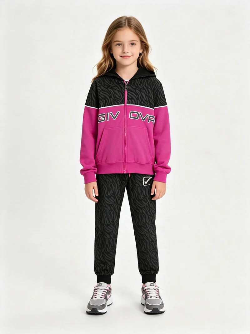 Completo tuta da bambina con cappuccio e zip - fucsia