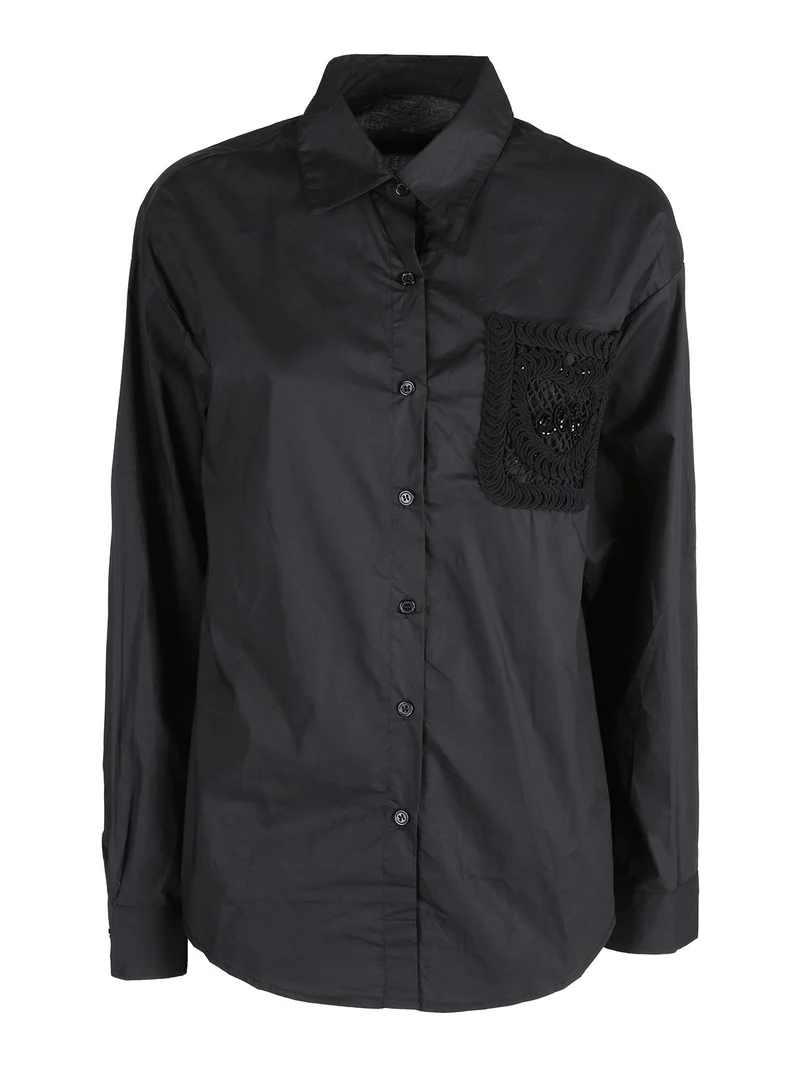 Camicia donna oversize con taschino ricamato - nero