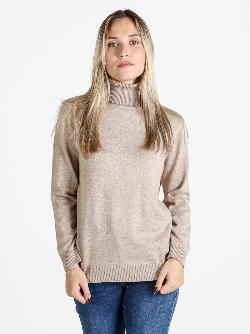 Pullover donna dolcevita in maglia - sabbia