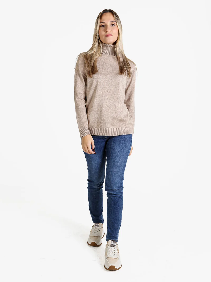 Pullover donna dolcevita in maglia - sabbia