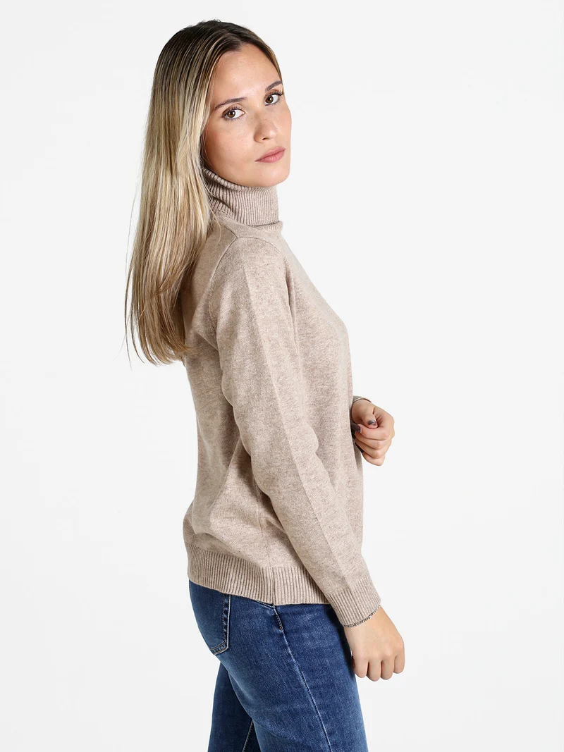 Pullover donna dolcevita in maglia - sabbia