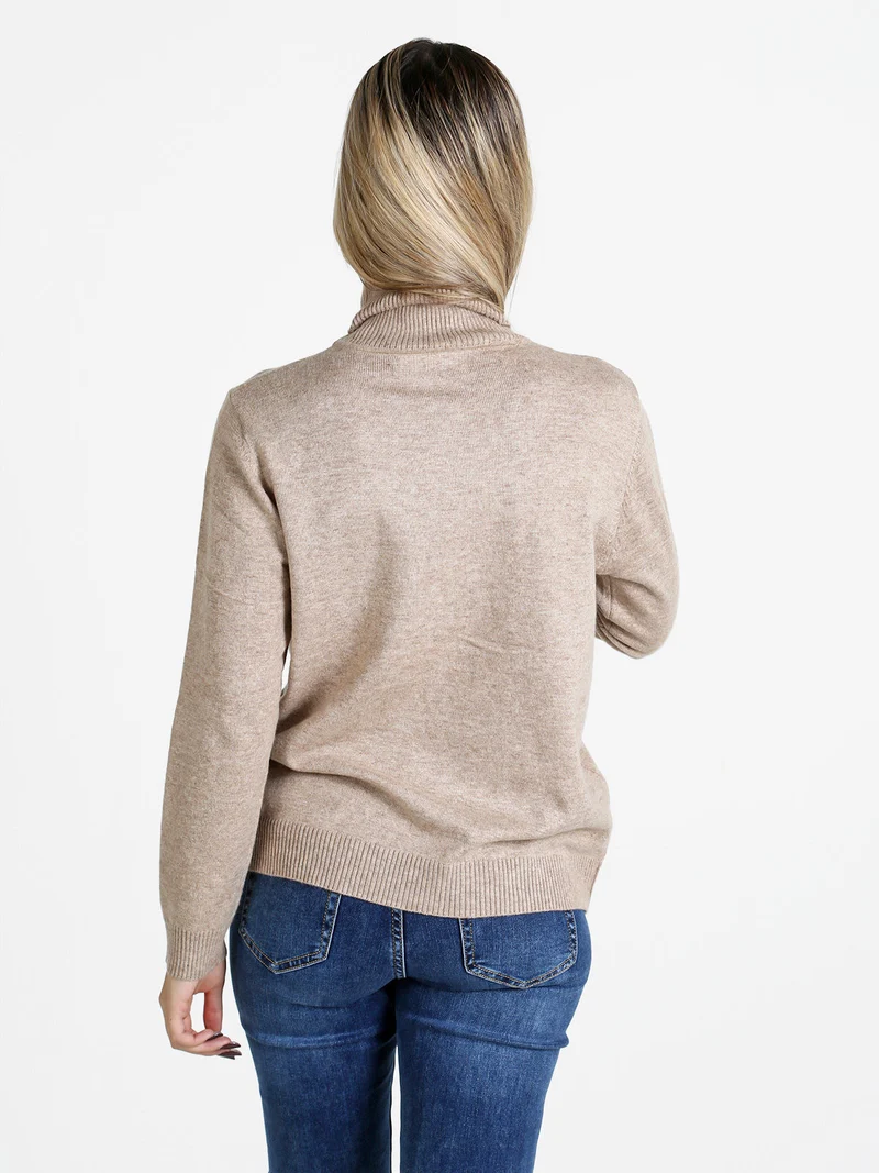 Pullover donna dolcevita in maglia - sabbia