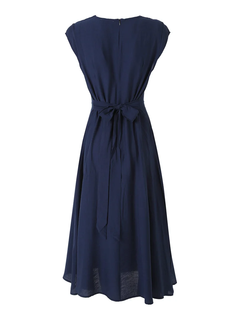 Abito lungo da donna a maniche corte con scollo a portafoglio - blu scuro