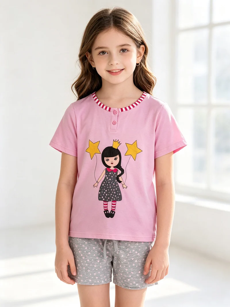 Pigiama corto da bambina in cotone - rosa