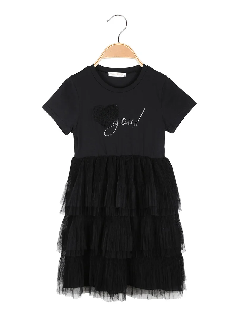 Abito da bambina a maniche corte con gonna a balze in tulle - nero