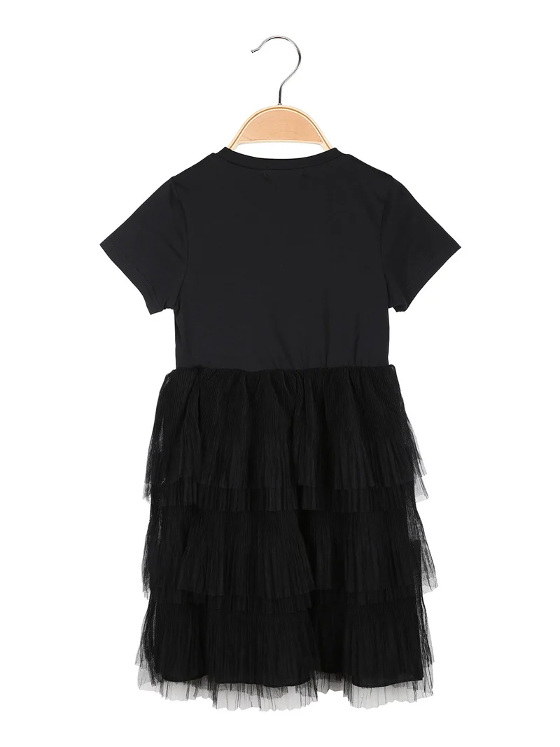 Abito da bambina a maniche corte con gonna a balze in tulle - nero
