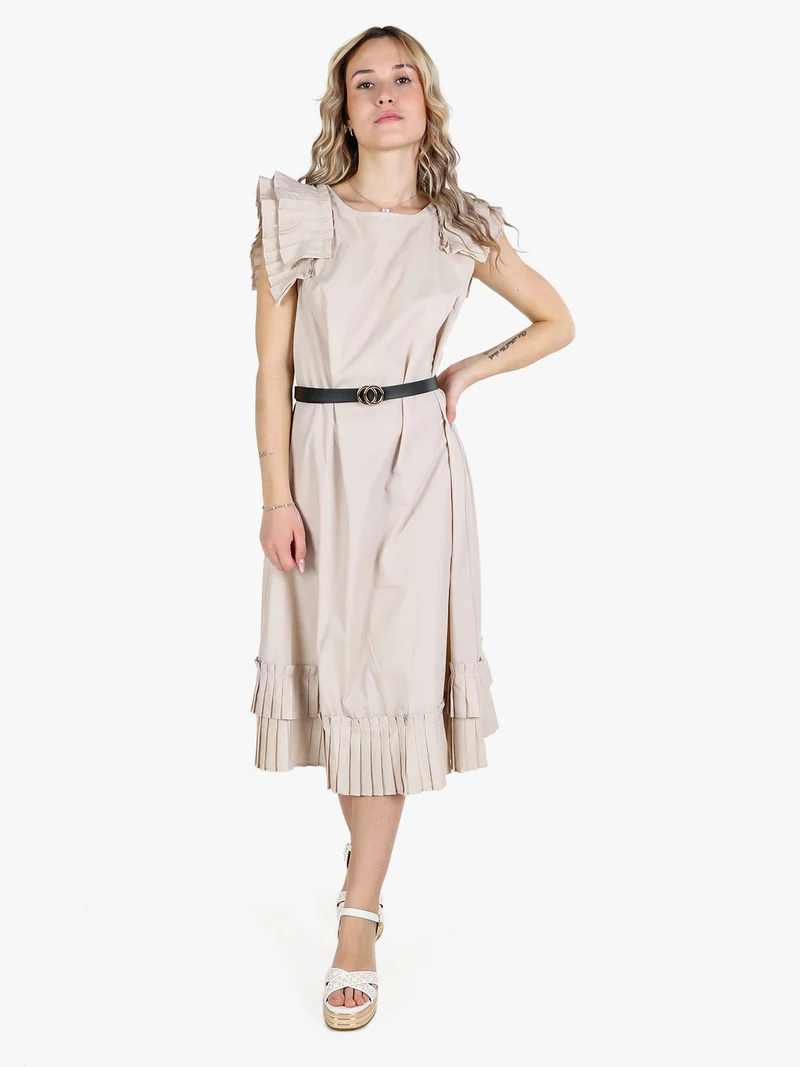 Abito lungo donna a maniche corte con balze plissettate - beige