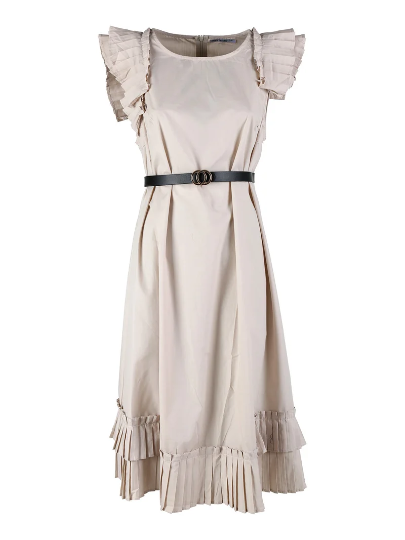 Abito lungo donna a maniche corte con balze plissettate - beige