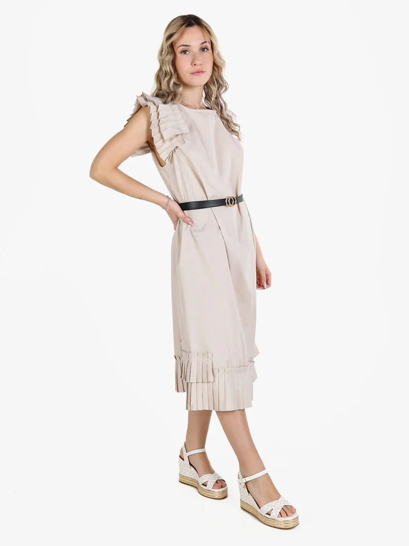 Abito lungo donna a maniche corte con balze plissettate - beige
