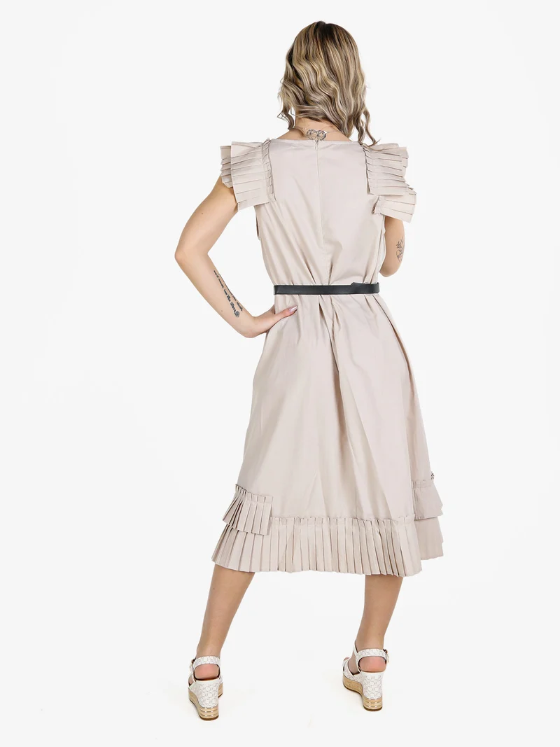 Abito lungo donna a maniche corte con balze plissettate - beige