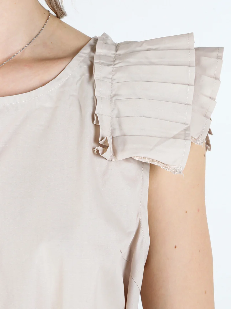 Abito lungo donna a maniche corte con balze plissettate - beige