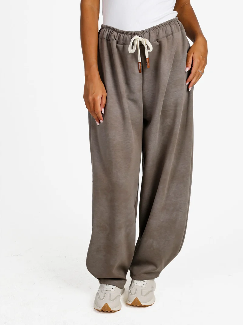 Pantaloni donna a palloncino con coulisse - fango
