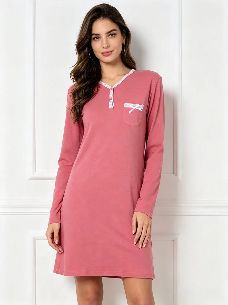 Camicia da notte da donna a maniche lunghe in cotone interlock - cipria