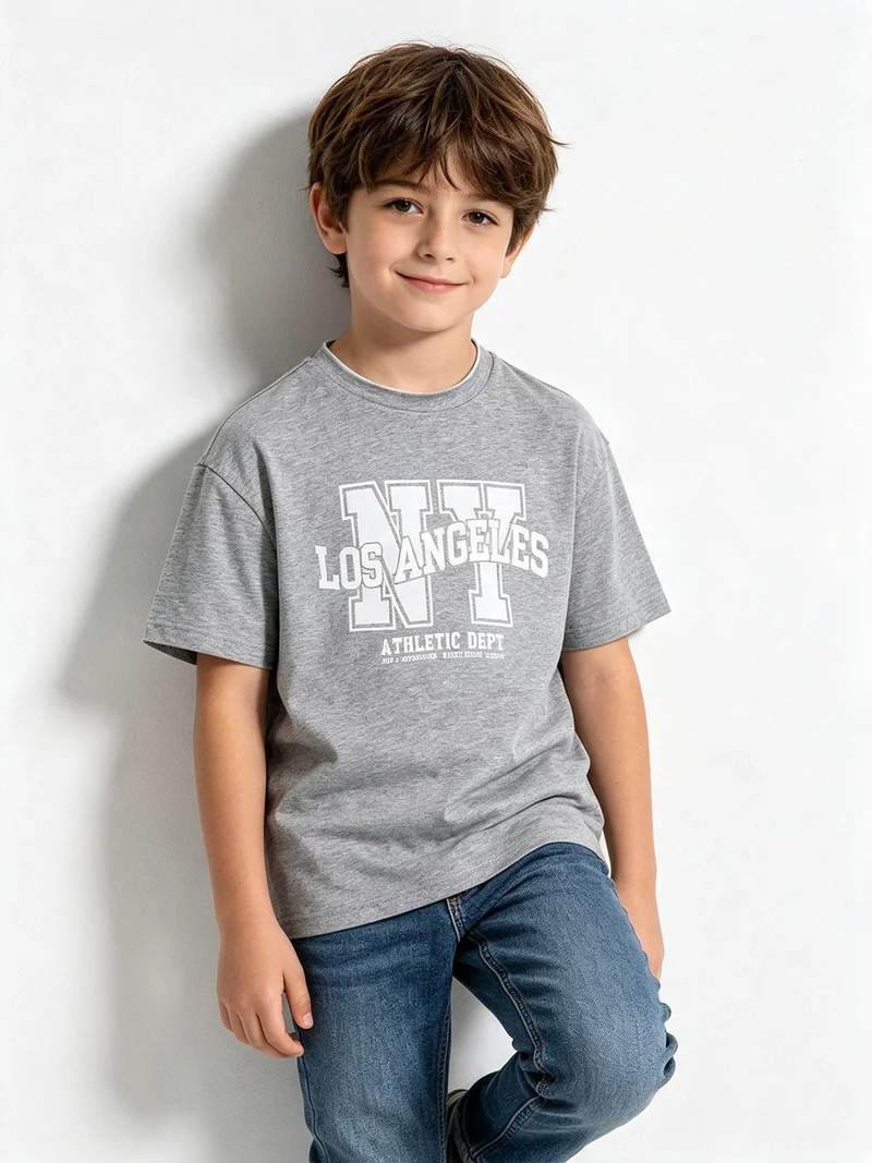 T-shirt da bambino in cotone con stampa scritta - grigio