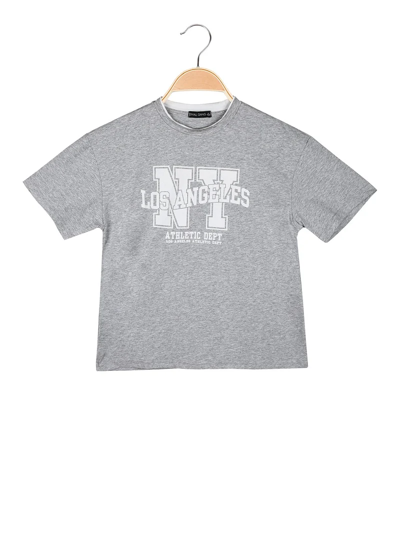 T-shirt da bambino in cotone con stampa scritta - grigio