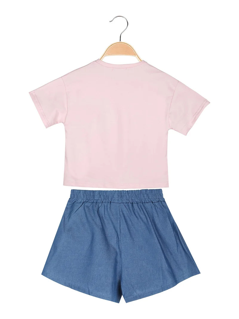 Completo da bambina con t-shirt cropped e shorts in jeans con strass - rosa
