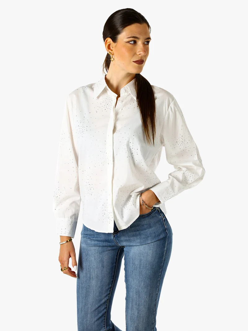Camicia donna in cotone a maniche lunghe con strass - bianco
