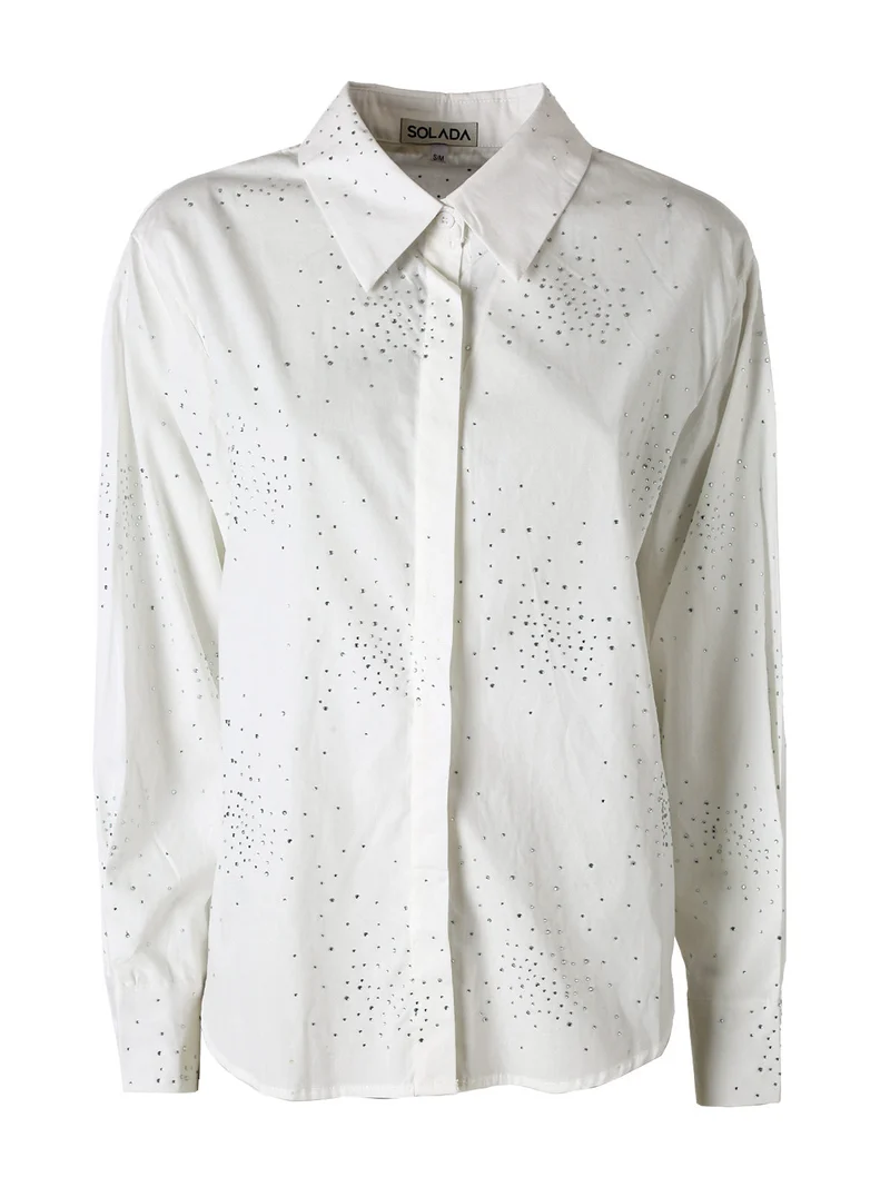 Camicia donna in cotone a maniche lunghe con strass - bianco