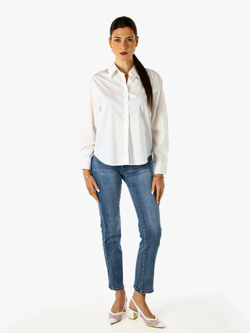 Camicia donna in cotone a maniche lunghe con strass - bianco