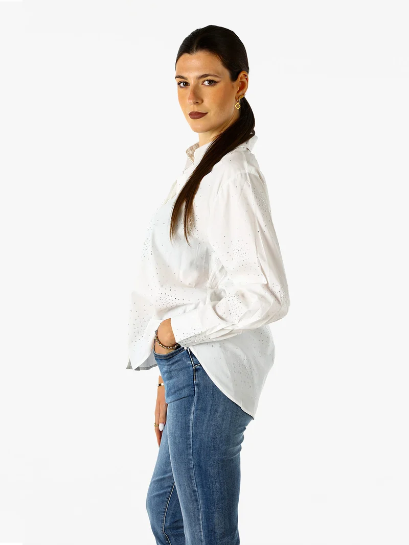 Camicia donna in cotone a maniche lunghe con strass - bianco