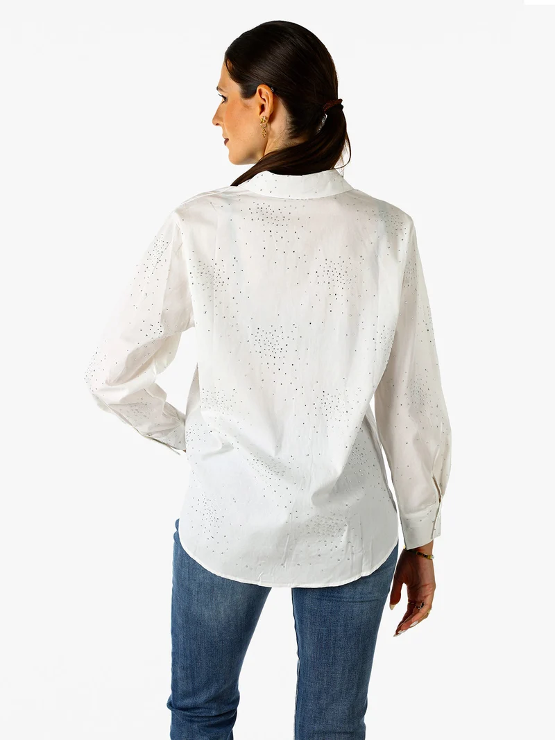Camicia donna in cotone a maniche lunghe con strass - bianco