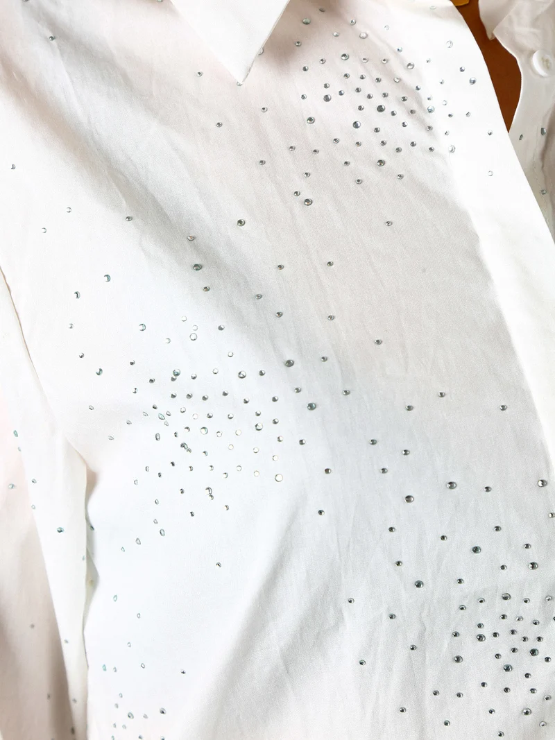 Camicia donna in cotone a maniche lunghe con strass - bianco