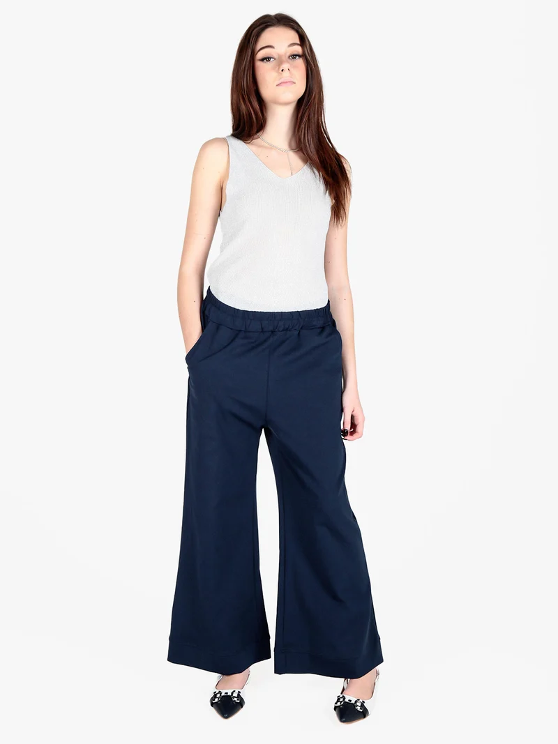 Pantaloni donna a vita alta e gamba larga - blu scuro
