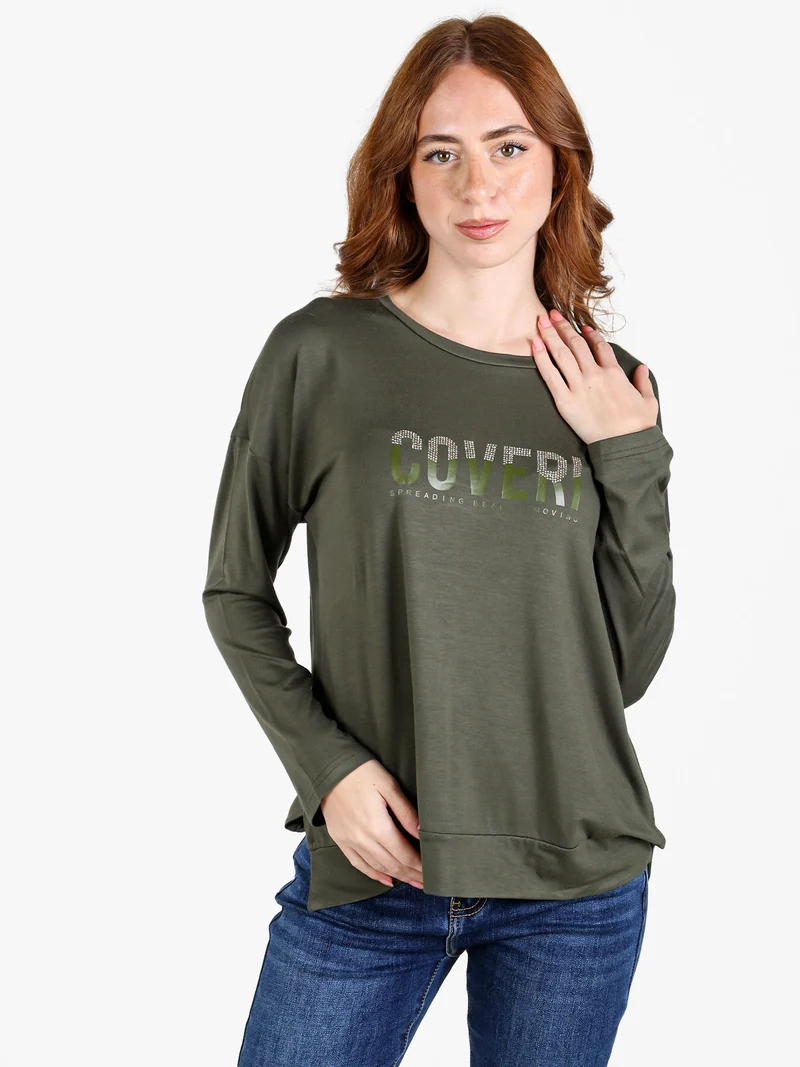 T-shirt donna a maniche lunghe con strass - militare