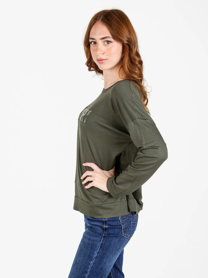 T-shirt donna a maniche lunghe con strass - militare