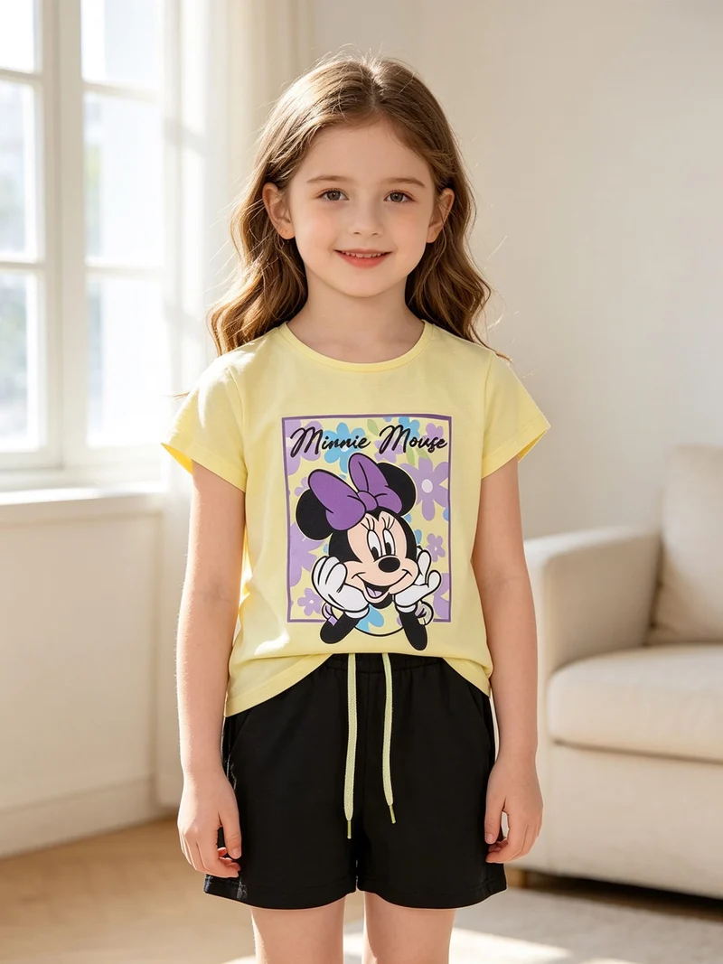 Minnie completo corto da bambina in cotone con t-shirt e shorts con coulisse - giallo