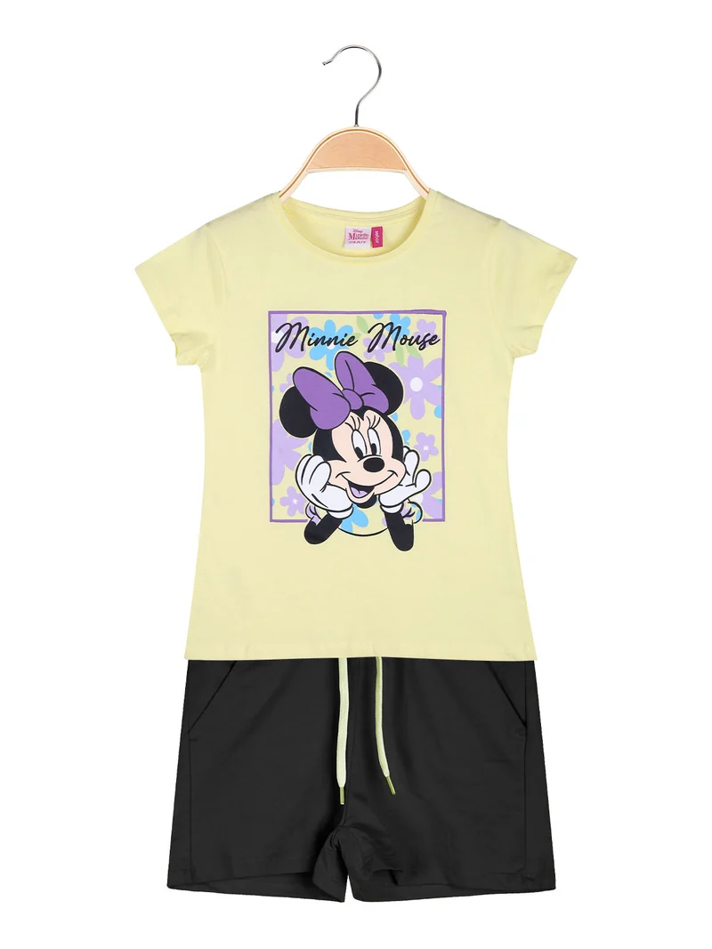 Minnie completo corto da bambina in cotone con t-shirt e shorts con coulisse - giallo