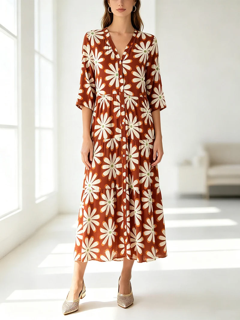 Abito lungo da donna a camicia in misto lino con maniche a 3/4 - cammello
