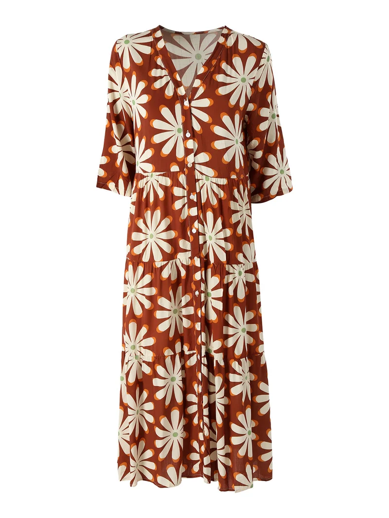 Abito lungo da donna a camicia in misto lino con maniche a 3/4 - cammello