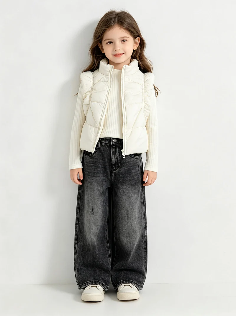 Jeans da bambina wide leg con dettagli di strass - nero