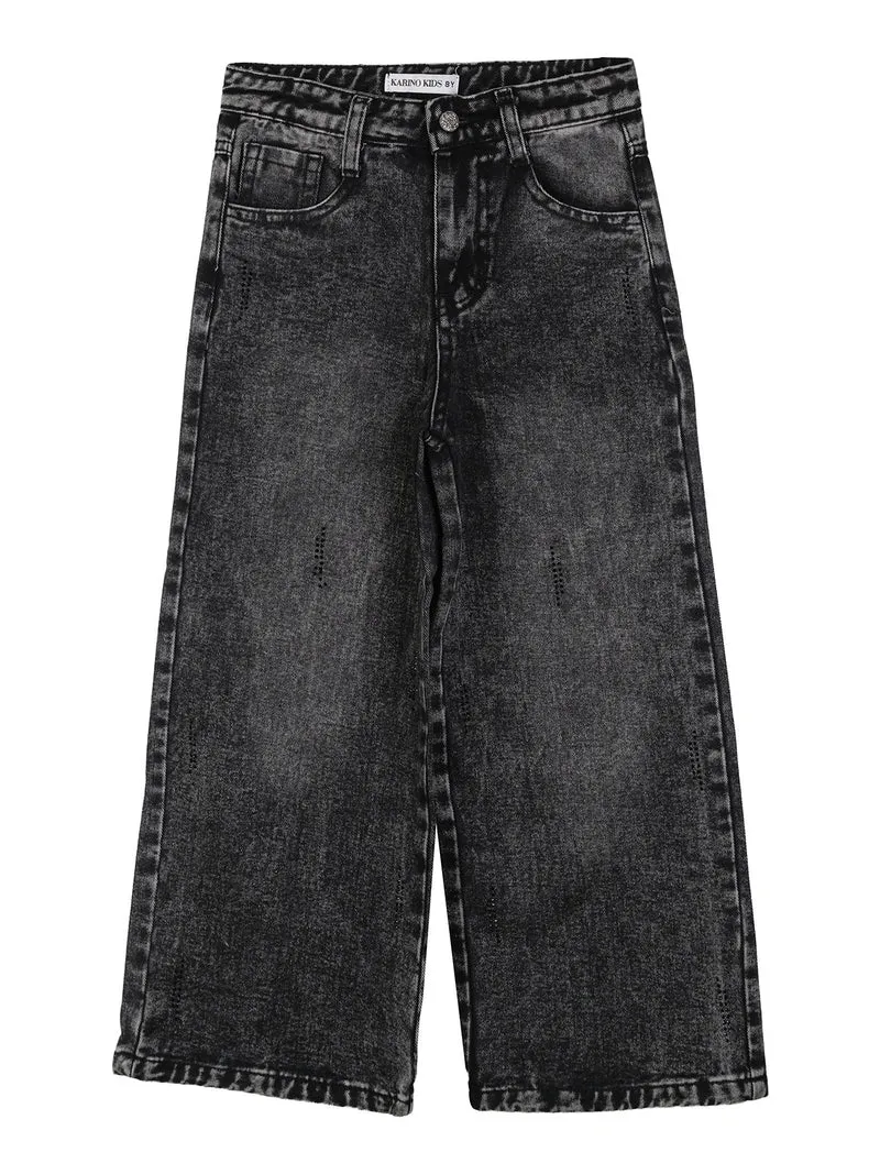 Jeans da bambina wide leg con dettagli di strass - nero