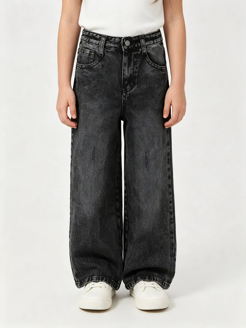 Jeans da bambina wide leg con dettagli di strass - nero