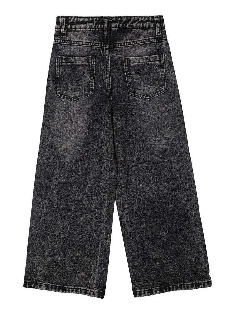 Jeans da bambina wide leg con dettagli di strass - nero
