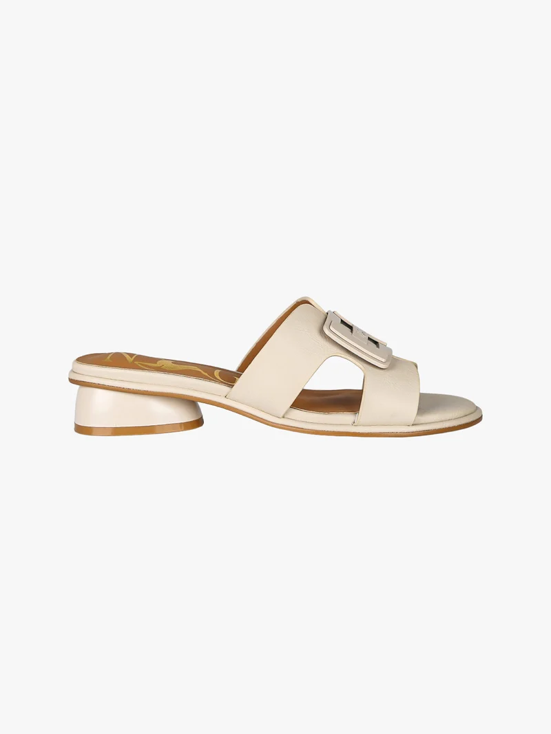 Ciabatte donna in ecopelle con logo e tacco basso - beige