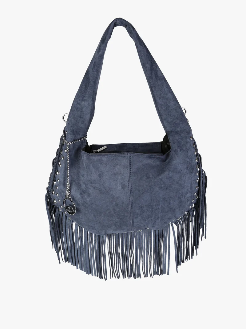 Borsa a spalla da donna con frange e borchie - blu scuro