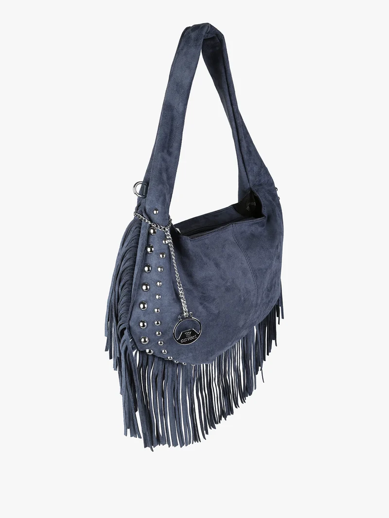 Borsa a spalla da donna con frange e borchie - blu scuro