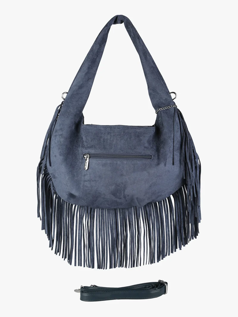 Borsa a spalla da donna con frange e borchie - blu scuro